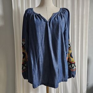 Crown & Ivy Embroidered Denim Blue Peasant Top